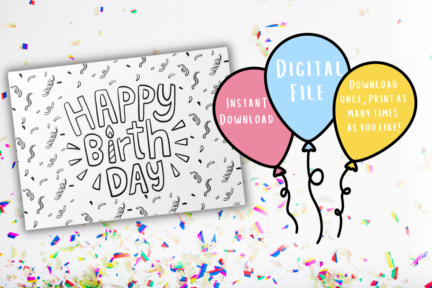 Confetti Coloring Birthday Card | Digital Download