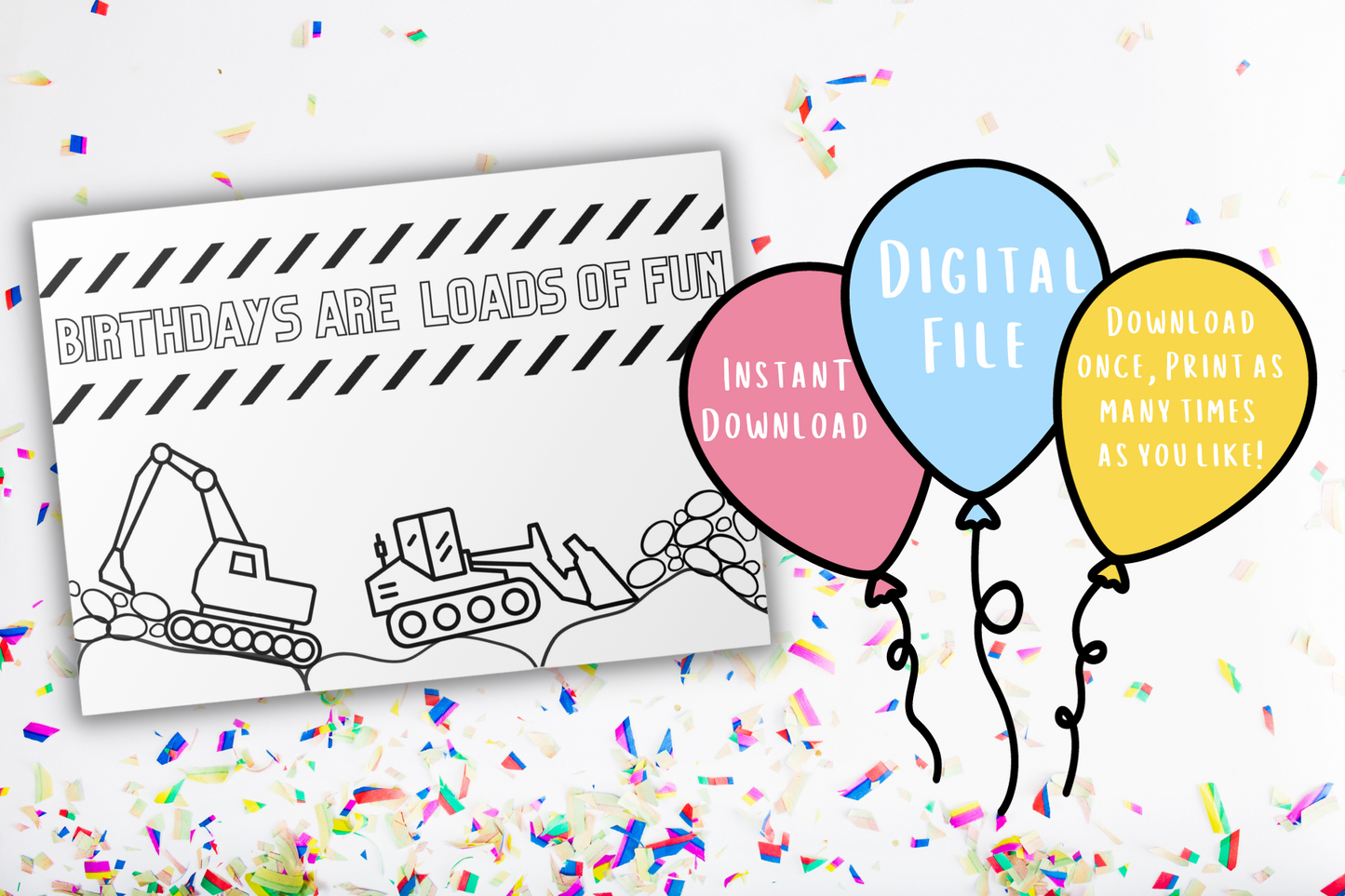 Construction Coloring Birthday Card | Digital Download