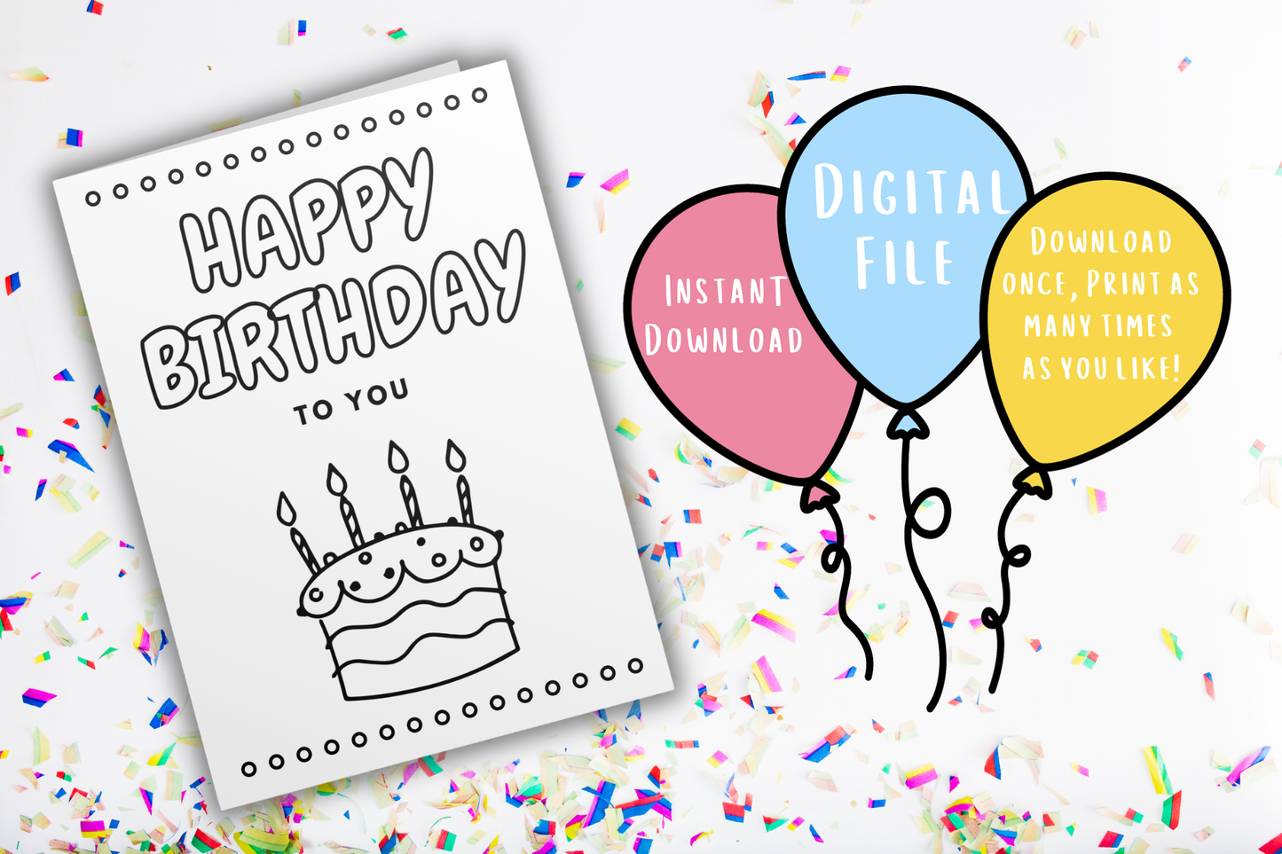 Birthday Cake Coloring Birthday Card | Digital Download