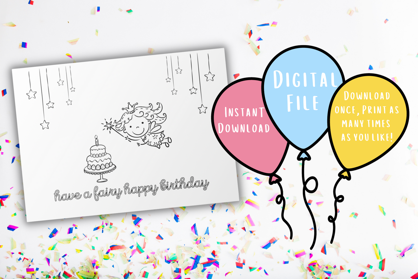 Fairy Coloring Birthday Card | Digital Download
