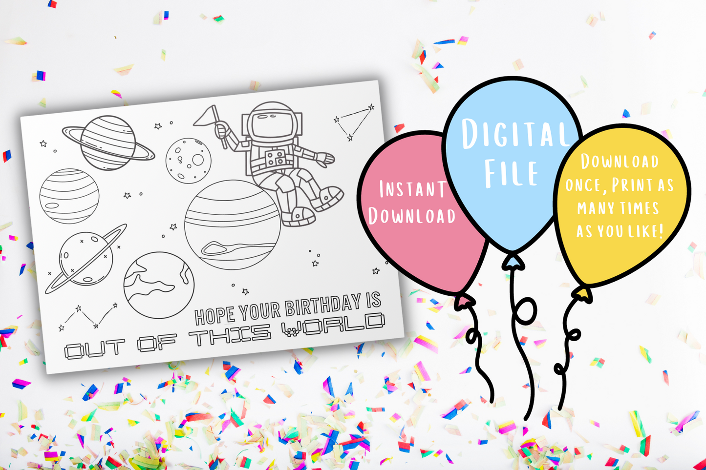 Space Coloring Birthday Card | Digital Download