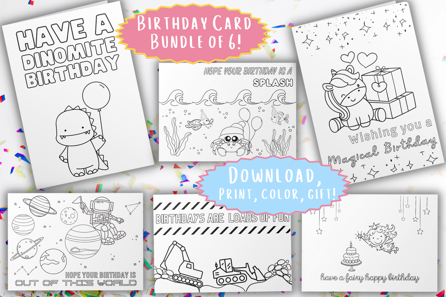 6 Themed Birthday Card Bundle | Digital Download