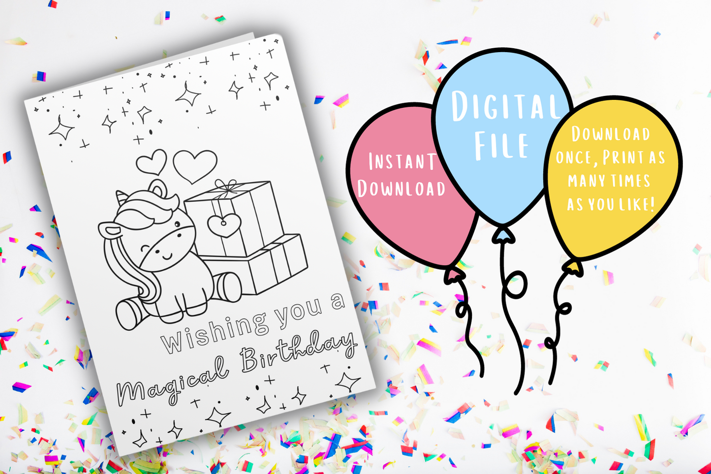 Unicorn Coloring Birthday Card | Digital Download